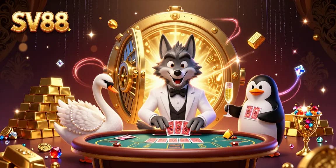 Experience the thrill at SV88 with a charming baccarat game scene featuring animated characters.