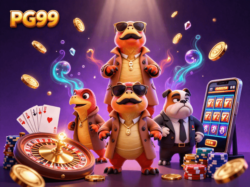 PG99 raptors hilariously attempt entry into a VIP casino while coins and gems soar.