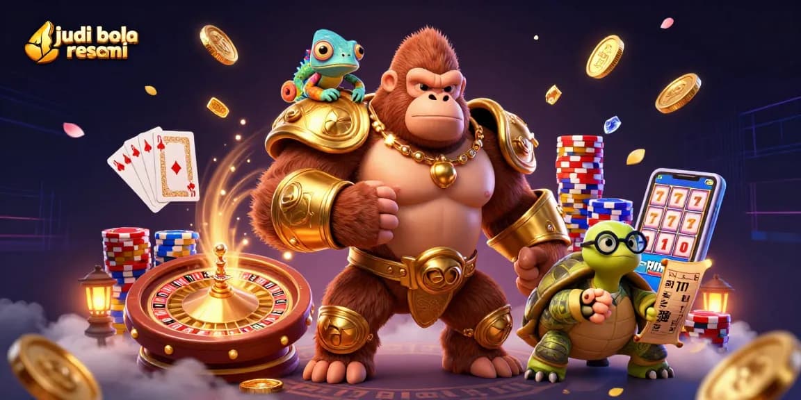 Engage in judi bola resmi with an exciting 3D illustration showcasing dynamic characters and casino elements.