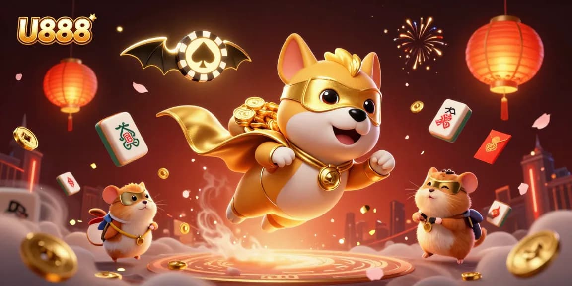 Experience U888 excitement as a superhero dog flies with gold coins, capturing the casino spirit.