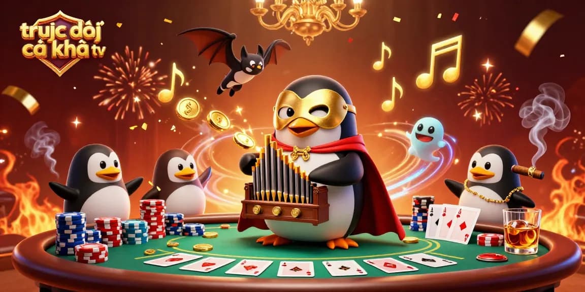 Experience direct action at trực tiếp cà khịa tv featuring a cartoon penguin with gold coins and poker elements.