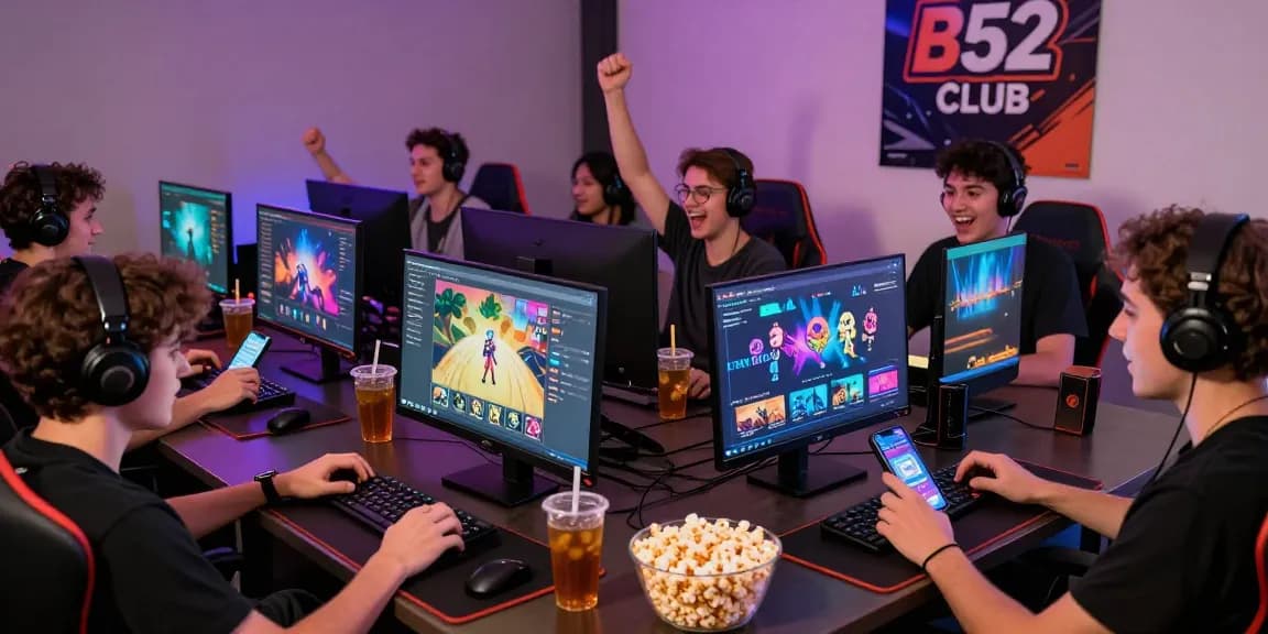 Online gaming scene featuring b52 CLUB players engaged with vibrant game interfaces and devices.