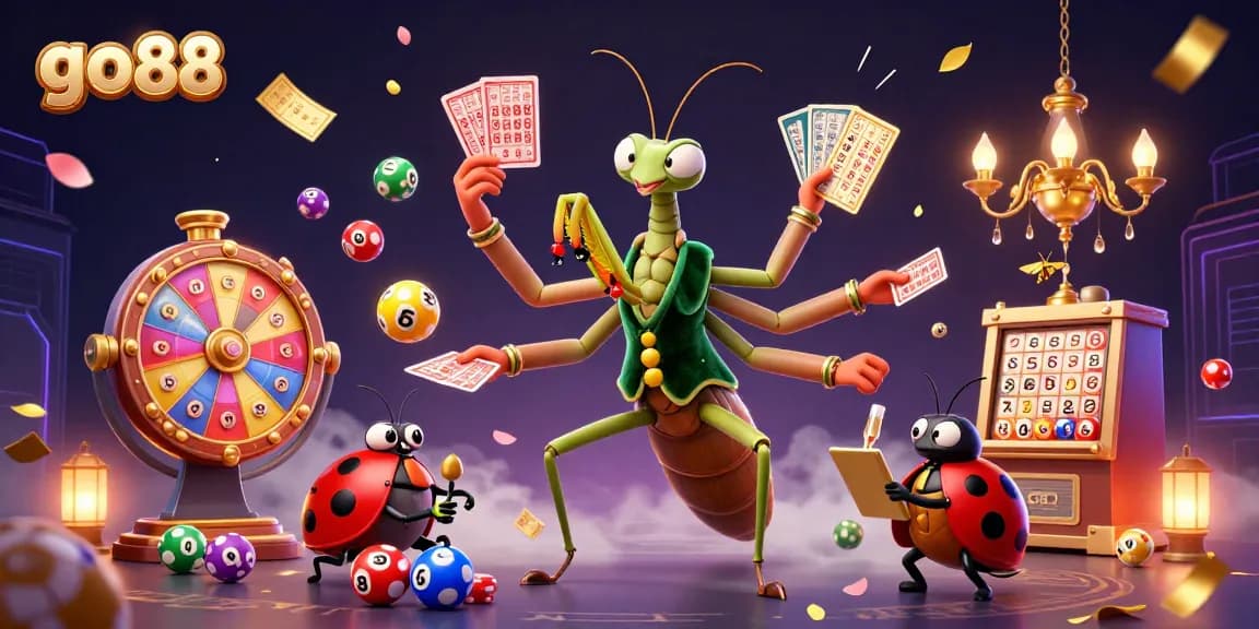 Go88 engages players with vibrant casino action featuring a giant mantis dealer and dynamic elements.