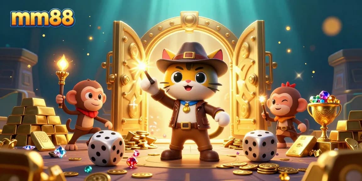 Experience high-stakes fun with mm88 at an ancient casino treasure temple illustration.