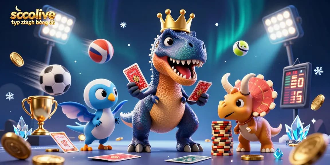 Socolive trực tiếp bóng đá features T-Rex shuffling cards with a pterodactyl and triceratops stacking chips.