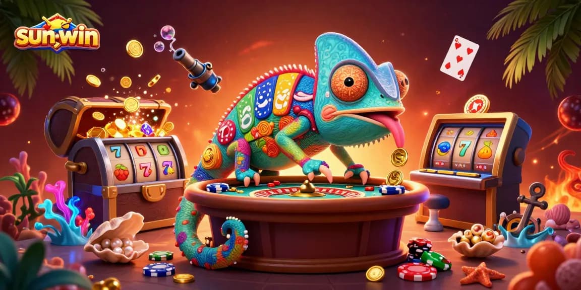 Experience winning thrills with sun-win's vibrant 3D chameleon casino illustration showcasing dynamic gameplay.