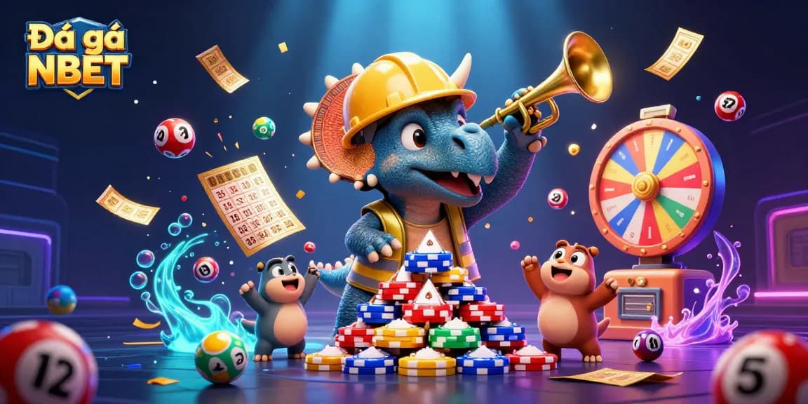 Engage with Đá gà NBET as the 3D triceratops builds a poker chip pyramid amid vibrant gambling elements.