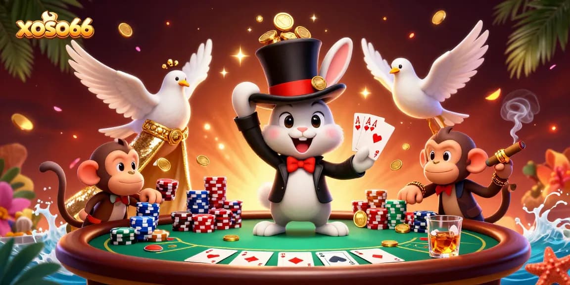 Experience thrilling gameplay at xoso66 with a magician rabbit, poker chips, and enchanting casino elements.