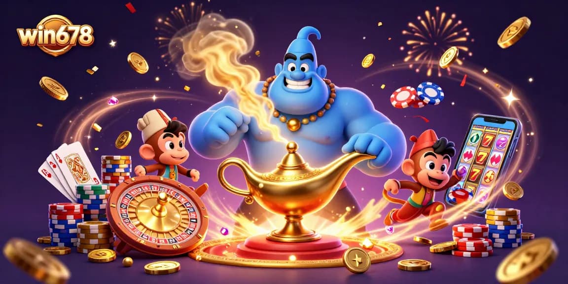 Experience excitement with win678's vibrant 3D casino scene featuring a genie, poker chips, and golden coins.