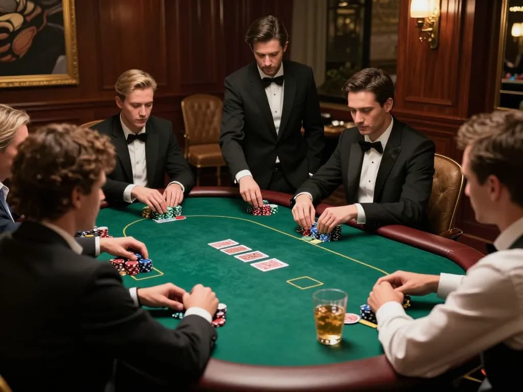 Players enjoying a thrilling poker game at 9bet in an upscale setting, focusing on strategic play.