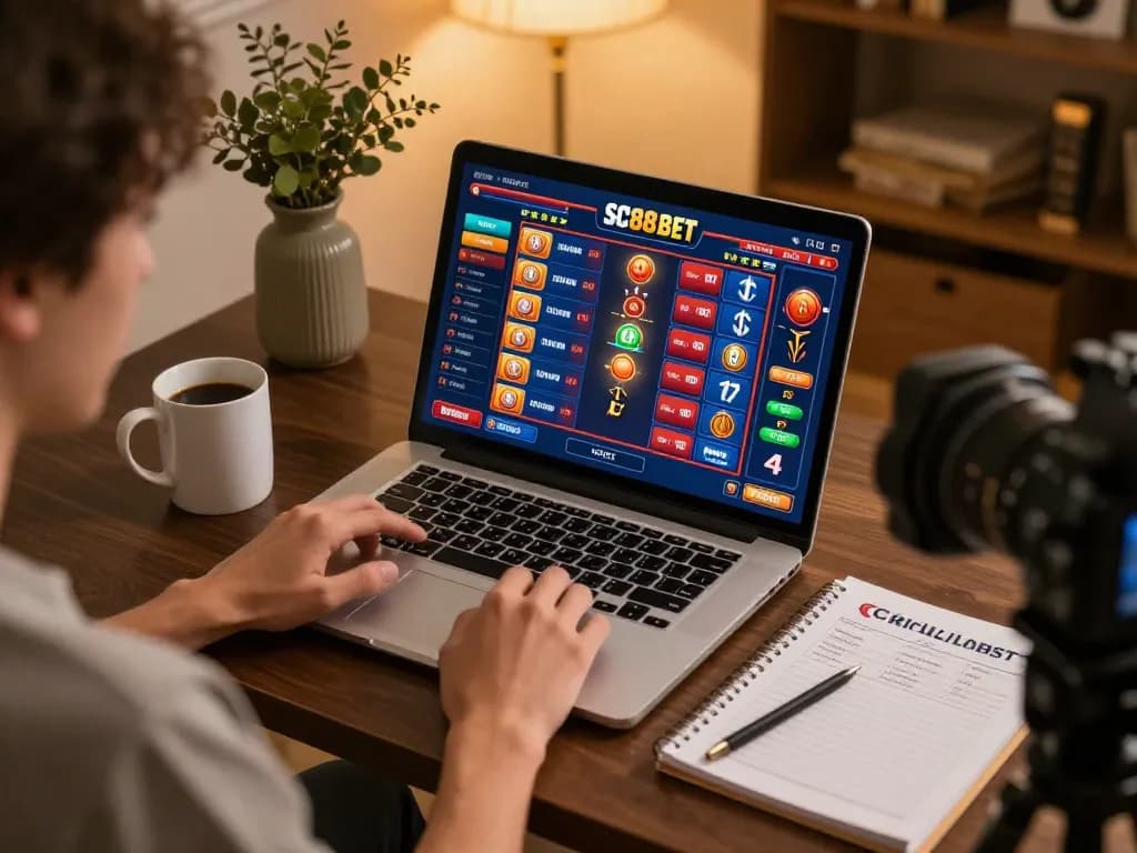 Participating in SC88 BET with vibrant online casino interface and strategic notes at home