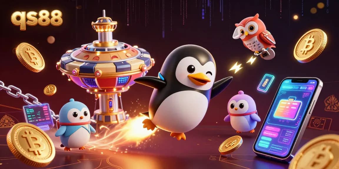 Experience thrilling qs88 gaming adventures with a golden penguin in a vibrant casino space scene.