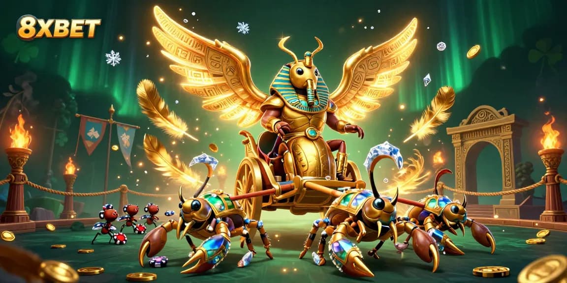 Experience the thrill of 8XBET with a dynamic casino scene featuring a golden scarab and poker chip soldiers.
