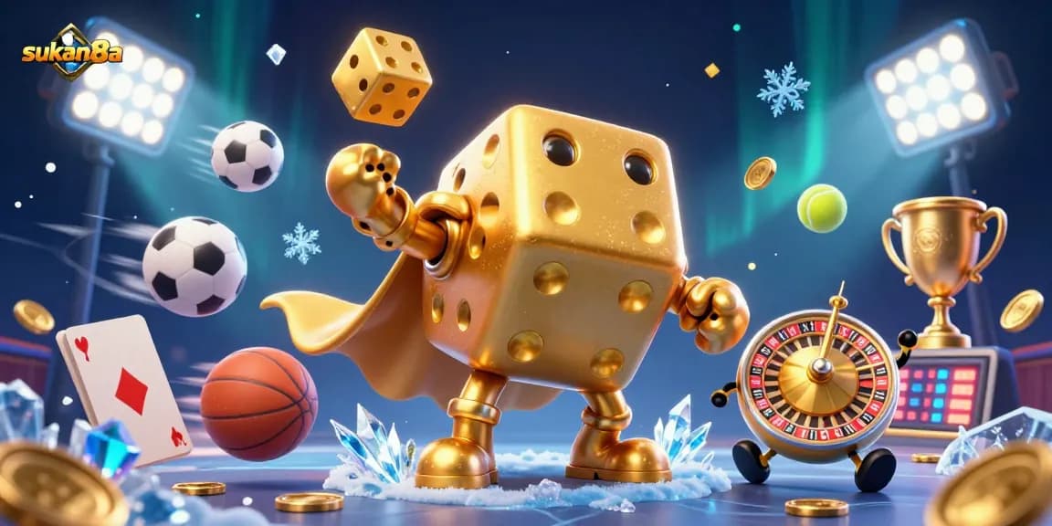 Sukan8a showcases a thrilling online gambling scene featuring a dice golem, sports elements, and dynamic casino action.