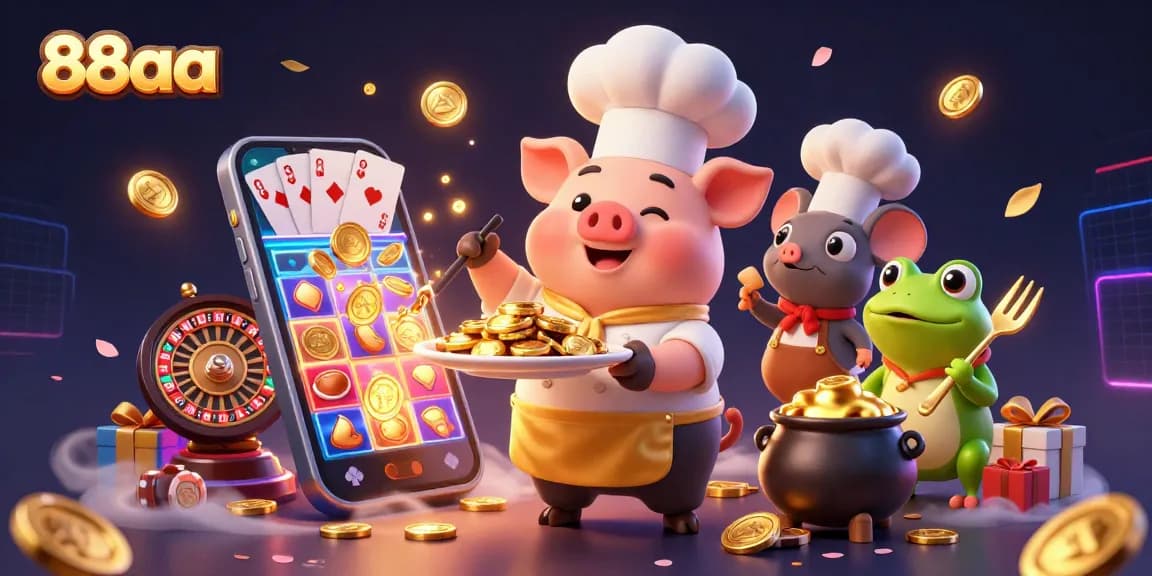 Engage with 88aa casino's thrilling games featuring gold coins, spinning reels, and expert chefs.