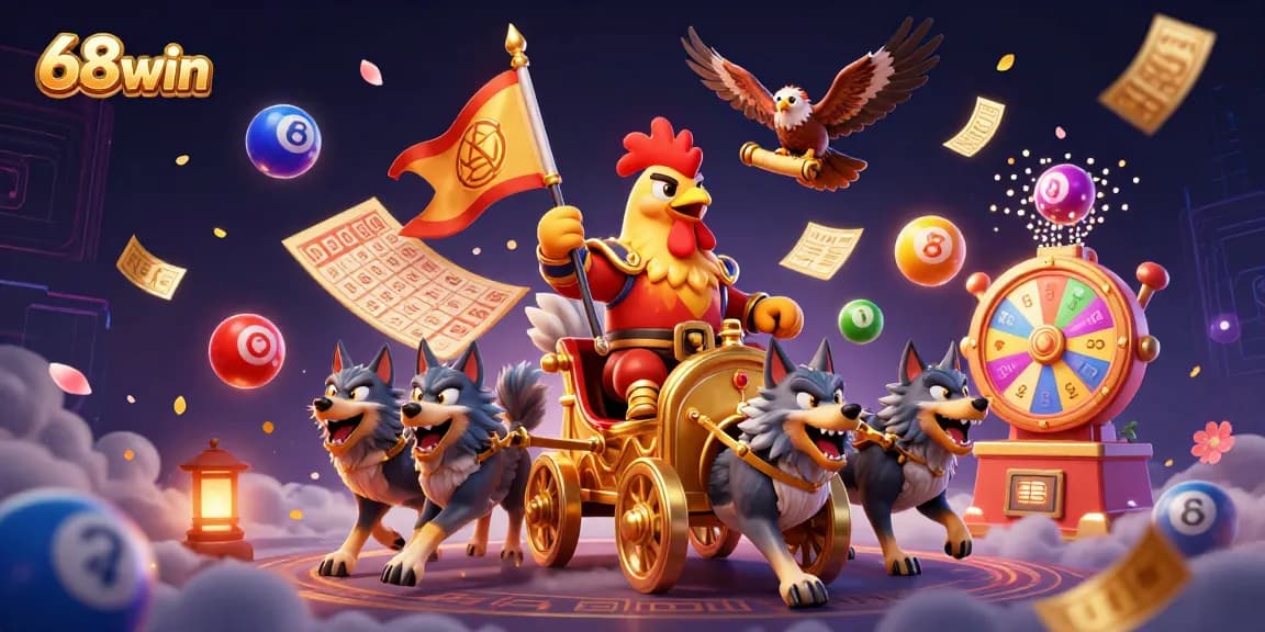 Engage with 68win's exciting online lottery world, featuring vibrant dynamic elements and a thrilling adventure.