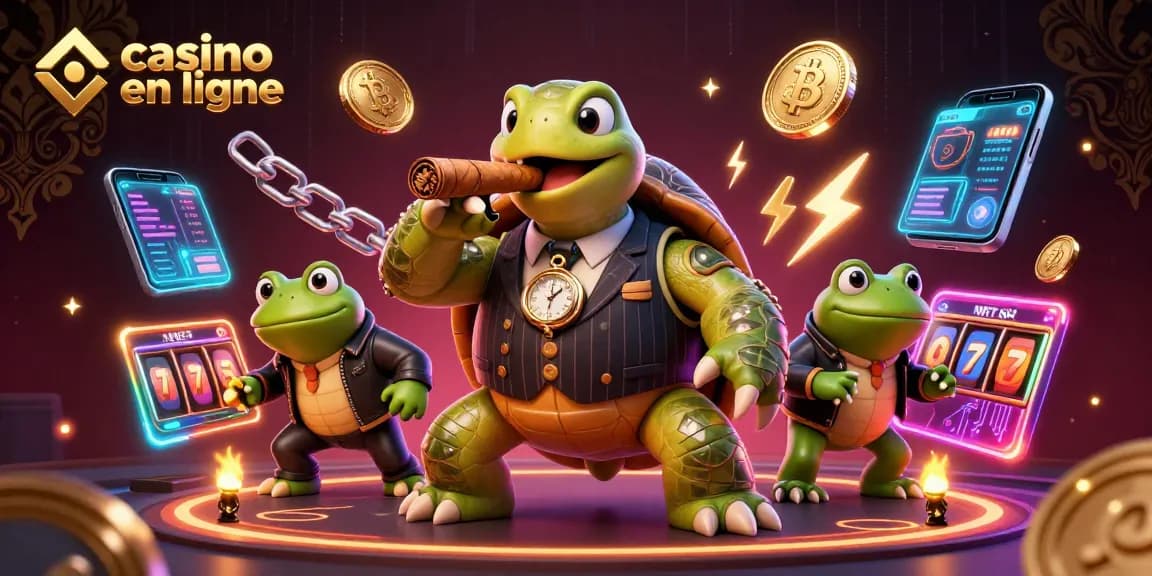 Jouez au casino en ligne avec une illustration dynamique de tortue en costume, bonheur et gains garantis.