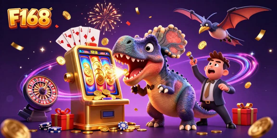 F168 illustrates a pachycephalosaurus celebrating a jackpot at a vivid casino.