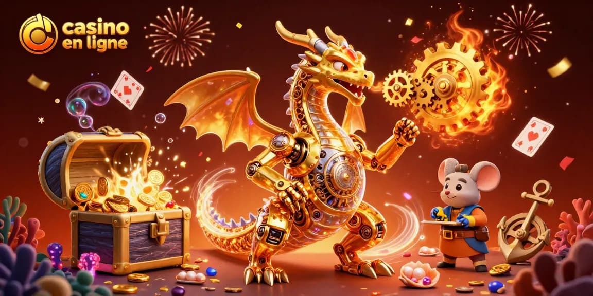 Découvrez des jeux captivants sur casino en ligne avec un dragon doré et des éléments de jeu.