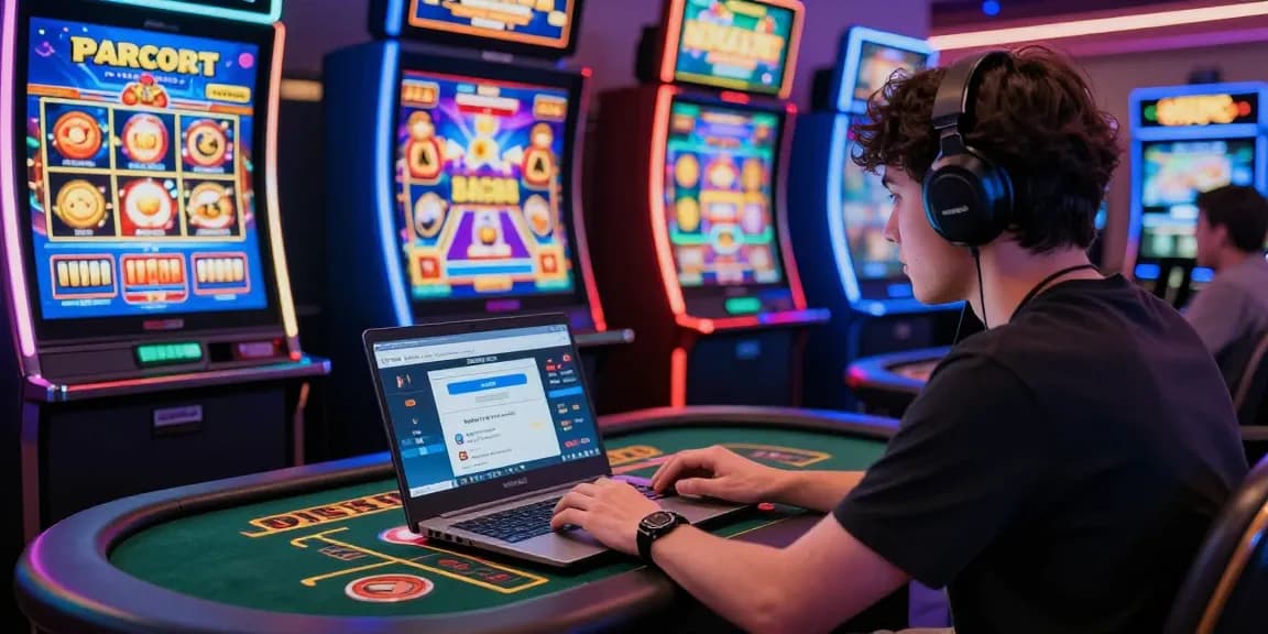 Withdraw Bola88 experience with a player enjoying live casino games amidst vibrant slot machines.