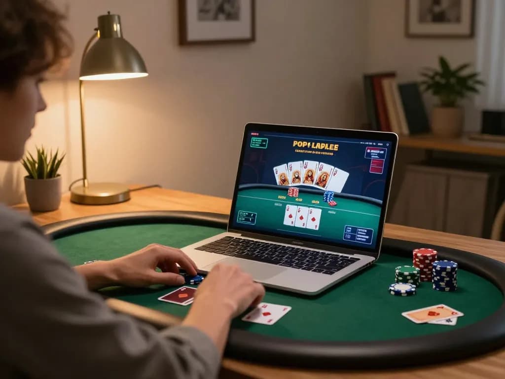 j188 player analyzing a poker game online in a cozy home office, enhancing strategic gameplay.