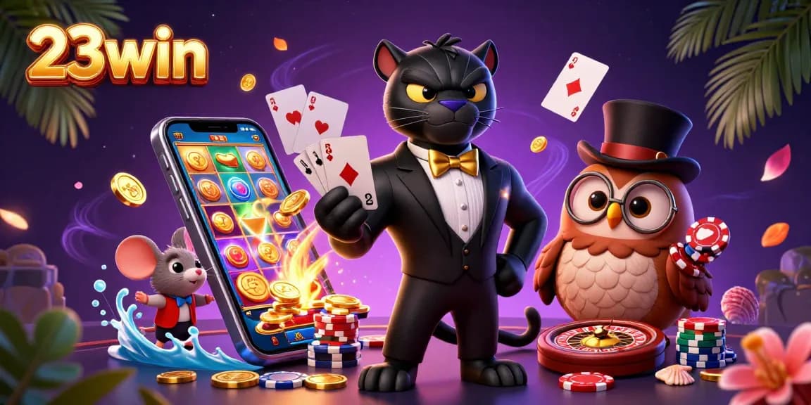 Experience exciting gameplay with 23win as a stylish panther deals cards among vibrant casino elements.