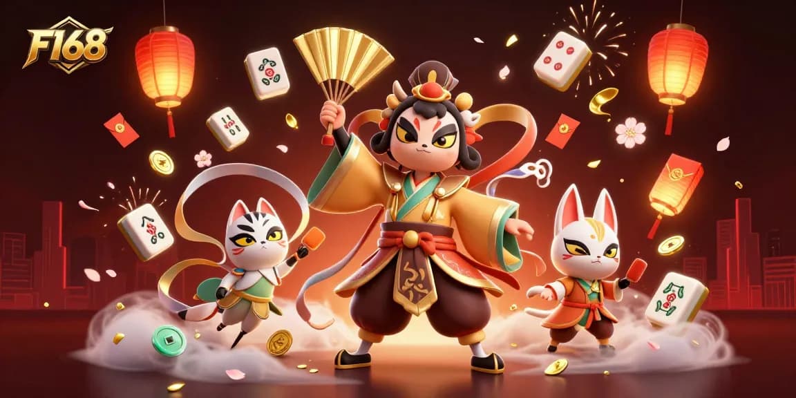 Experience F168's vibrant scene with kabuki warrior and festive elements in this thrilling illustration.