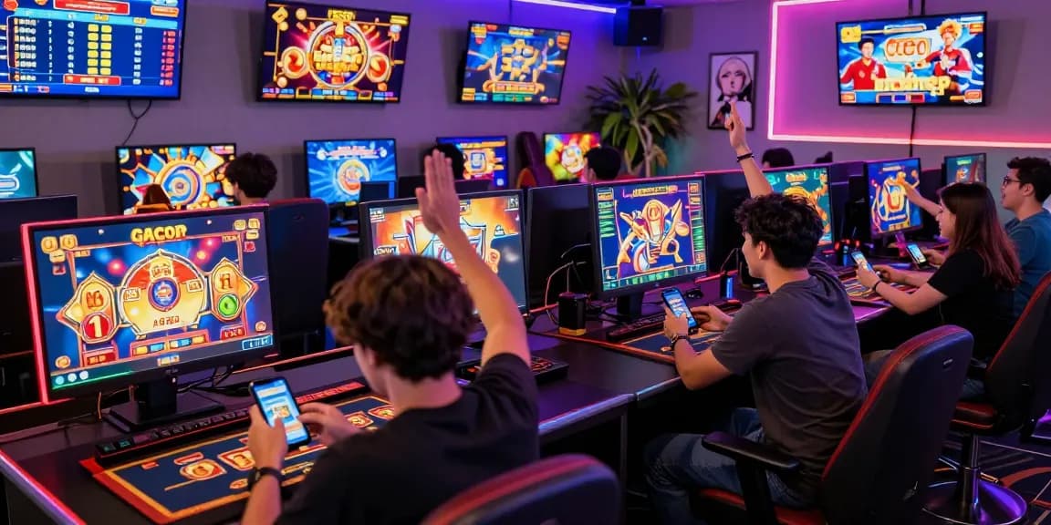 Players enjoying slot gacor games in a lively online gaming lounge with vibrant neon lighting.