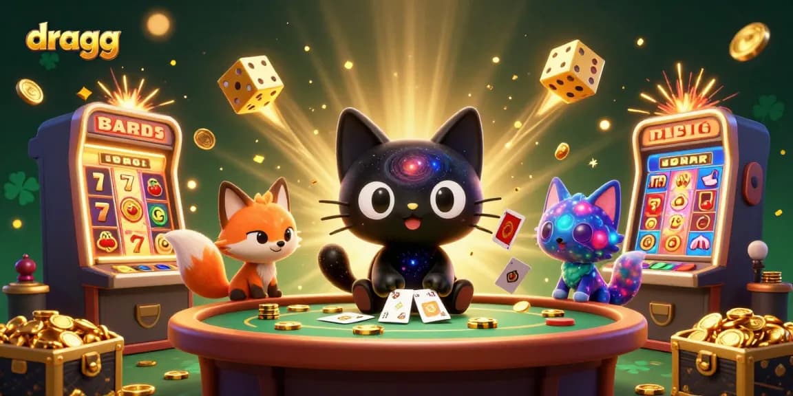 Win big with dragg as the cosmic cat and fox create a vibrant casino atmosphere surrounded by dynamic gaming elements.