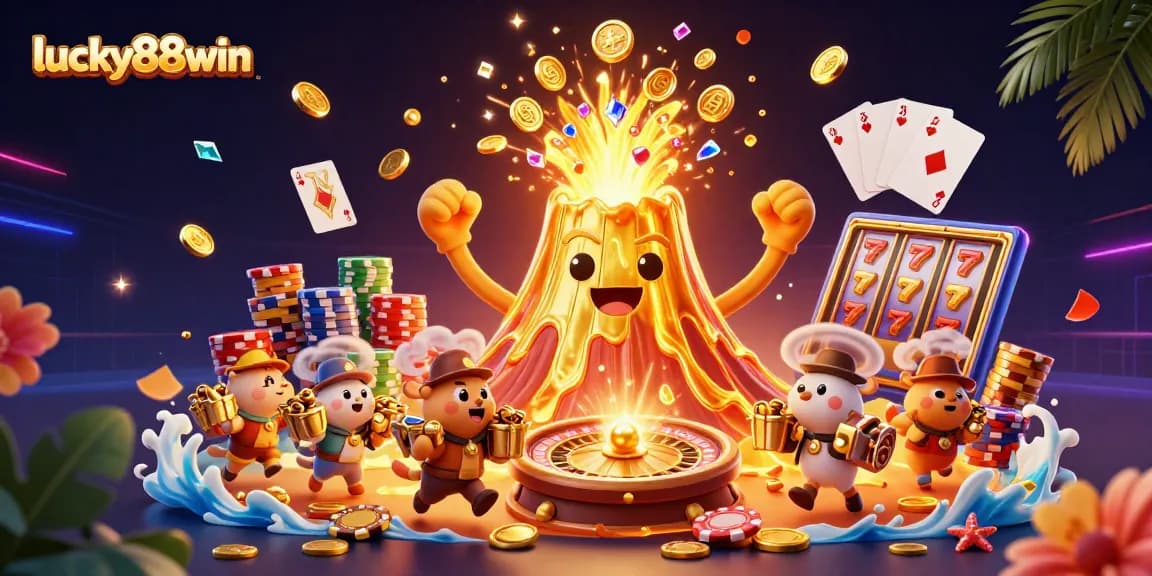 Experience winning adventures at lucky88win with a 3D volcano erupting gems and cash, showcasing vibrant casino elements.