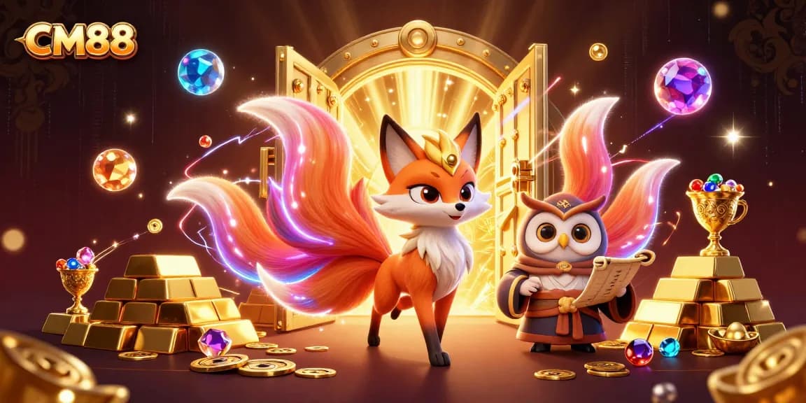 Experience the enchanting world of CM88 with a vibrant 3D scene of a nine-tailed fox and treasures.