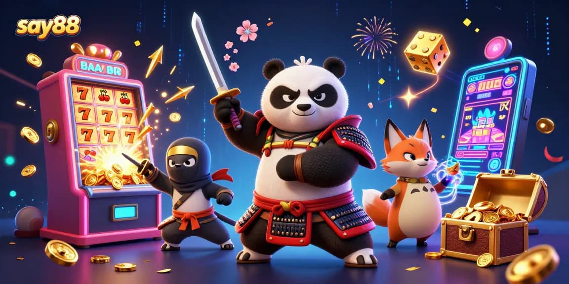 SAY88 offers a vibrant gaming experience with a samurai panda, ninja fox, and magical tanuki amidst animated slots and treasures.