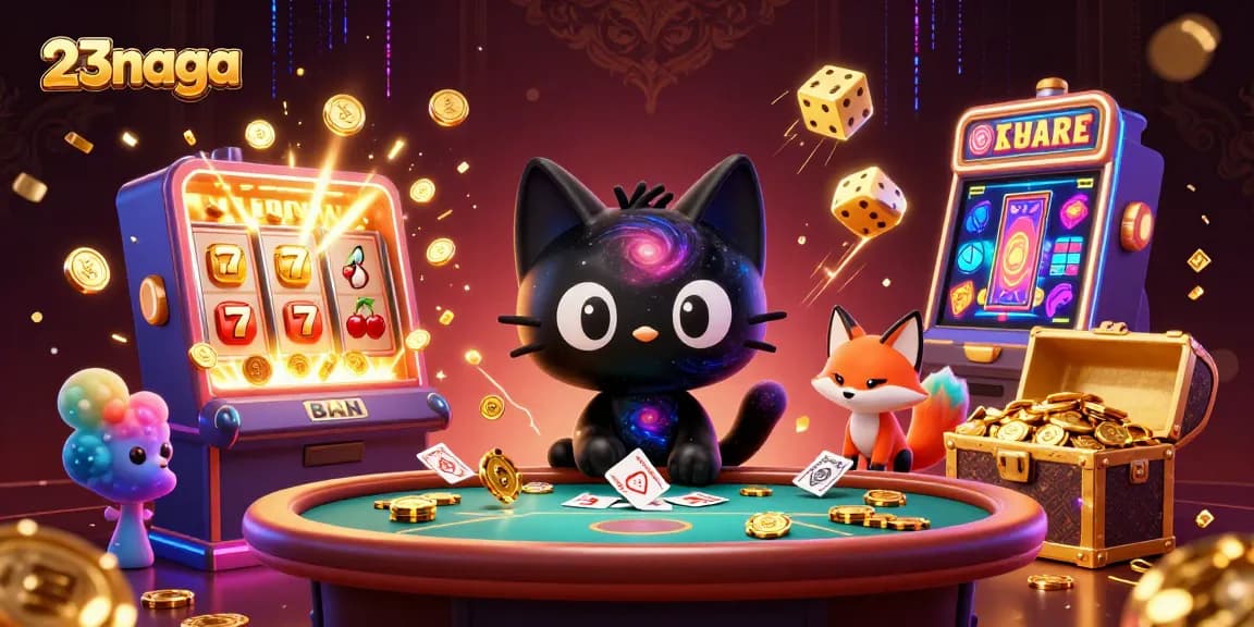 Taruhan di 23naga saat chip emas dan kartu ditarik oleh kucing lubang hitam 3D.