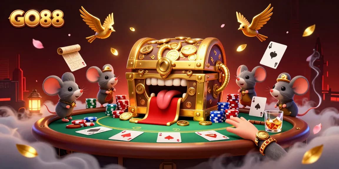 Experience the thrill of GO88 with rich 3D illustrations of poker games and gaming excitement.