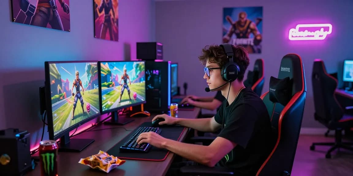 A young man using Fortnite Cheat in an immersive gaming room, showcasing intense focus and high-end gaming setup.
