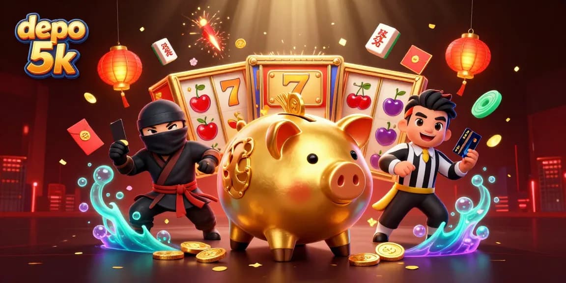 Experience the excitement of depo 5k with a golden piggy bank sumo wrestler, jackpot action, and vibrant casino elements.