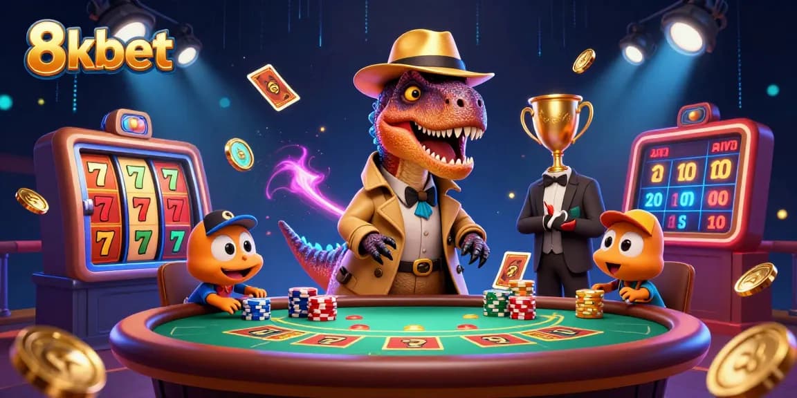 8kbet showcases a dynamic scene with a velociraptor card counter and casino elements in action.