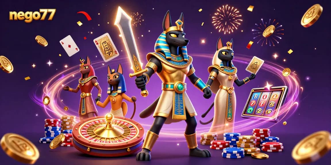 Bet on excitement with nego77, featuring Anubis warrior, gold coins, and spinning roulette wheel.