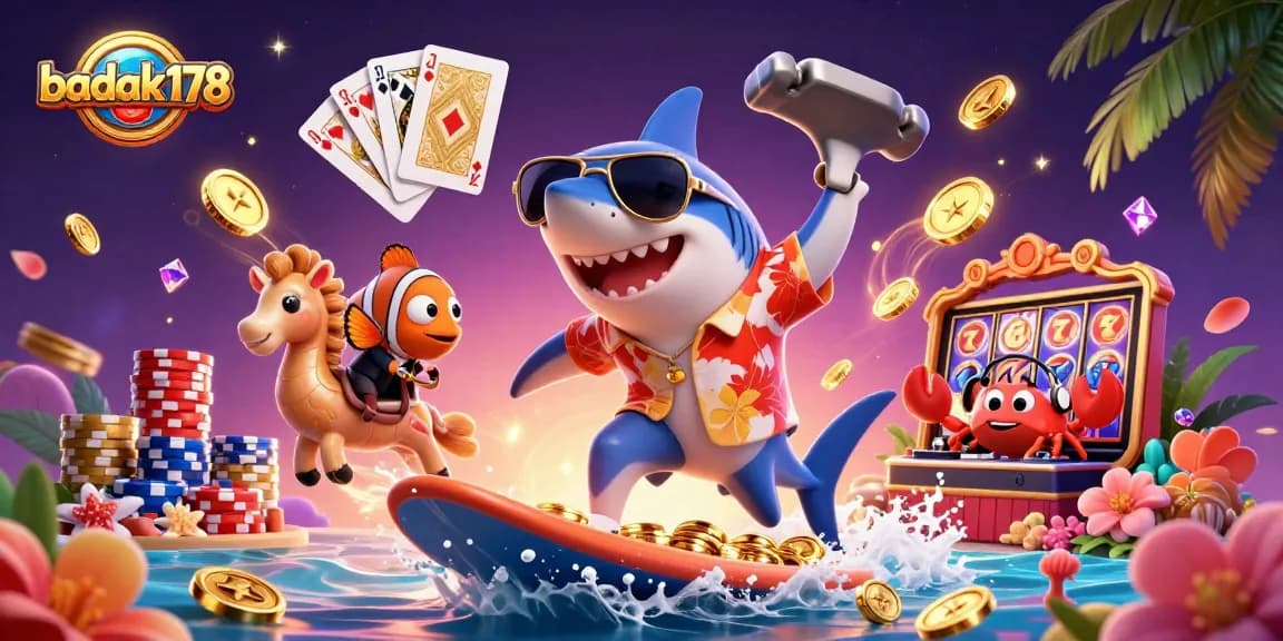 Experience the thrill of badak178 with a vibrant 3D cartoon scene featuring a shark and vibrant casino elements.
