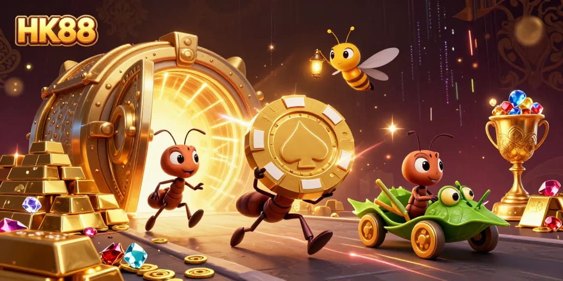 Ants carrying a giant poker chip while navigating a casino heist for HK88.