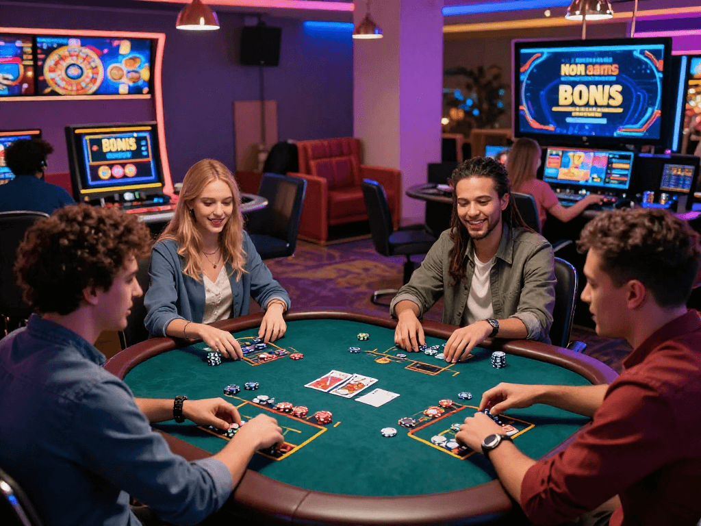 Giocatori entusiasti in un casinò online non aams, immersi in giochi come blackjack e slot, con luce ambientale colorata.