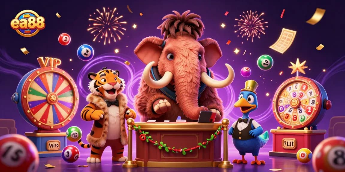 Experience ea88's dynamic casino atmosphere with a woolly mammoth bouncer and vibrant gaming elements.