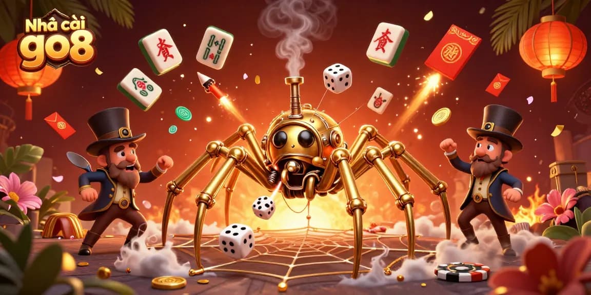 Engage with the thrilling world of Nhà cái go8 through a dynamic steampunk casino scene featuring games and winning opportunities.