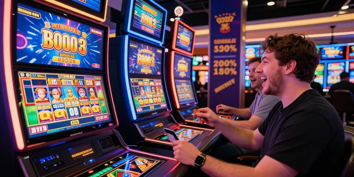 Dynamic online casino scene featuring players engaging with credit card gaming options at https://iis.org.uk, showcasing vibrant slot machines and promotions.