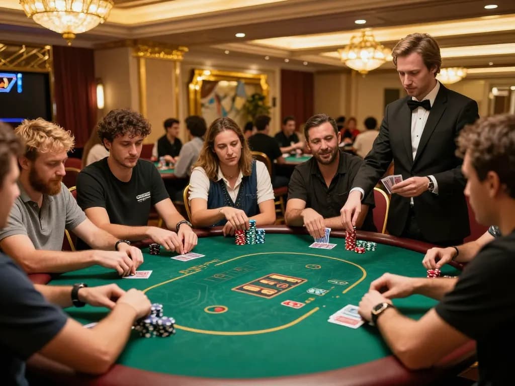 Engaged players at 1gomvn poker table in a luxury casino, showcasing concentration and excitement