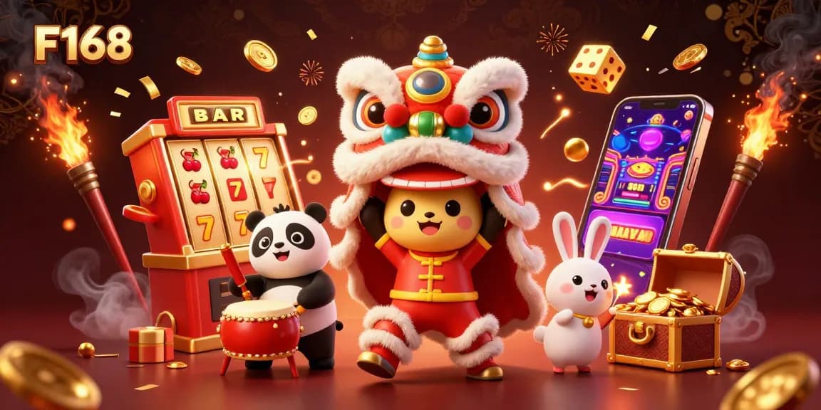 Experience exciting gameplay with F168's vibrant casino scene featuring lucky symbols and festive characters.