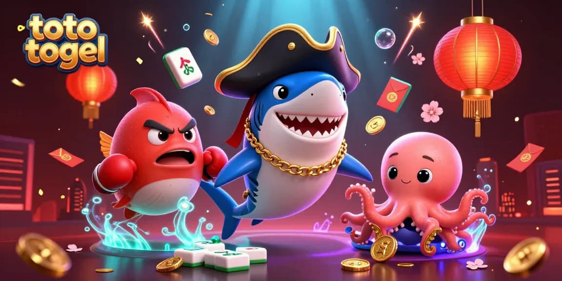 Engage with toto togel through a vibrant 3D illustration featuring a pirate shark, pufferfish, and octopus amidst casino-themed elements.