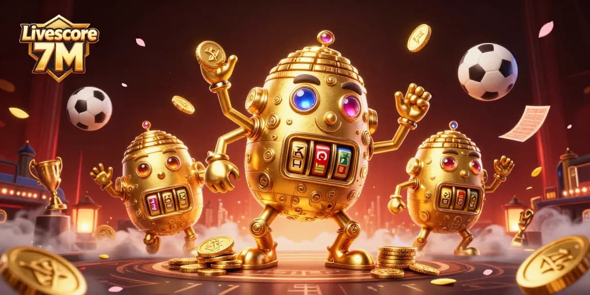 Catch the excitement with Livescore 7M as the golden golem combines gambling elements in a vibrant illustration.