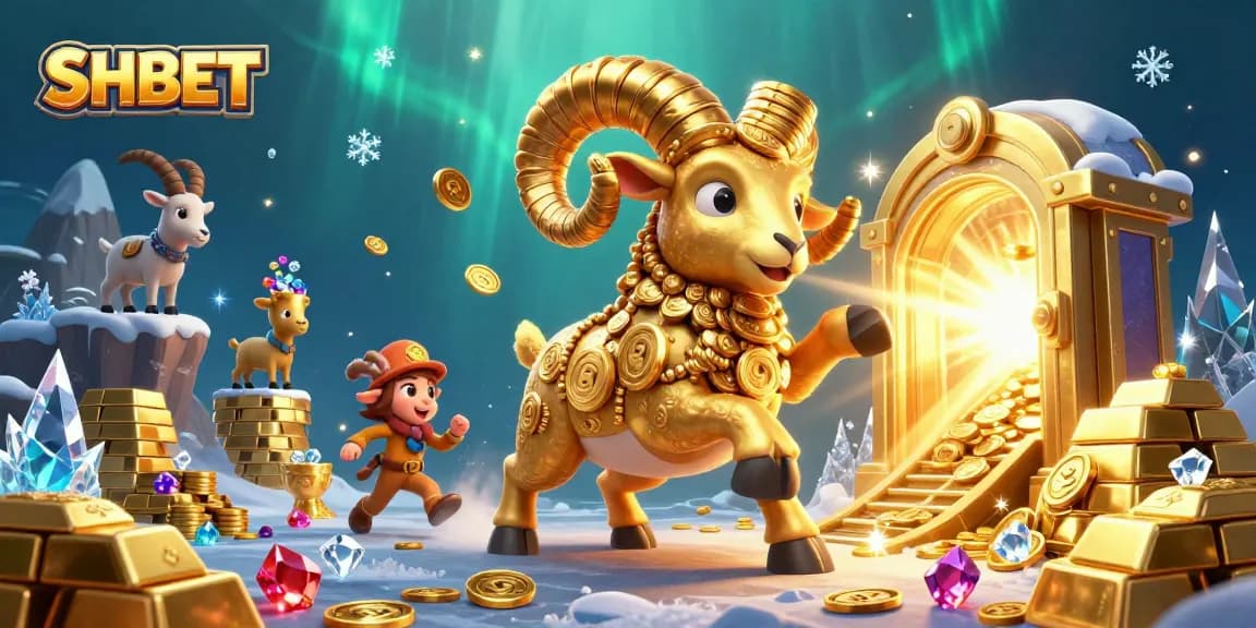Experience the thrill of SHBET with a golden ram charging through a treasure-filled scene.