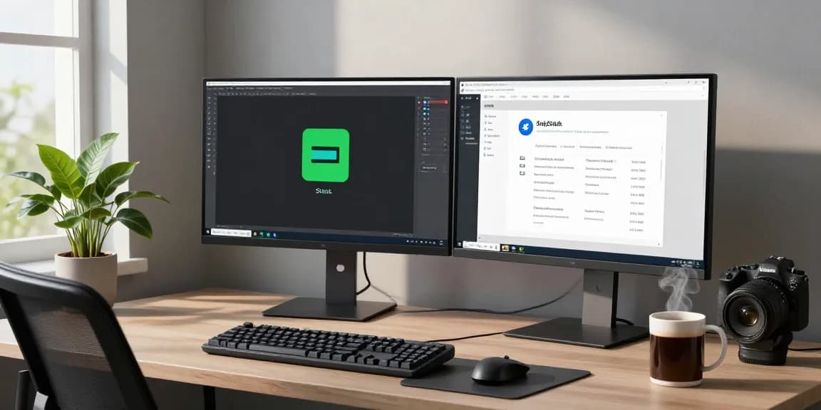 Developer using Snipaste screenshot tool in a modern workspace with dual monitors.